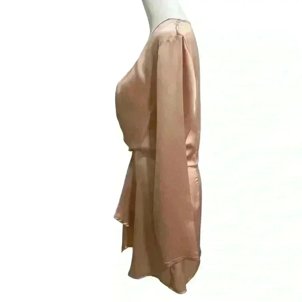 PrettyLittleThing Nude Satin Long Sleeve Wrap Dress - Picture 7 of 13